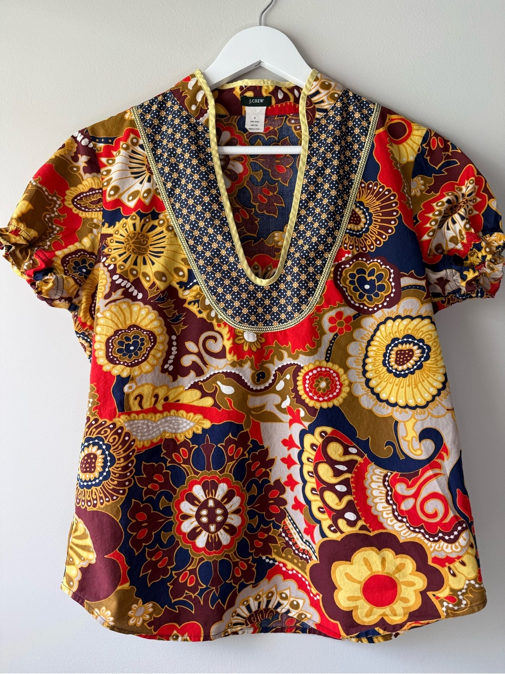 Y2K J.Crew 2007 Floral Paisley Cotton Tunic Blouse Size 8 Boho